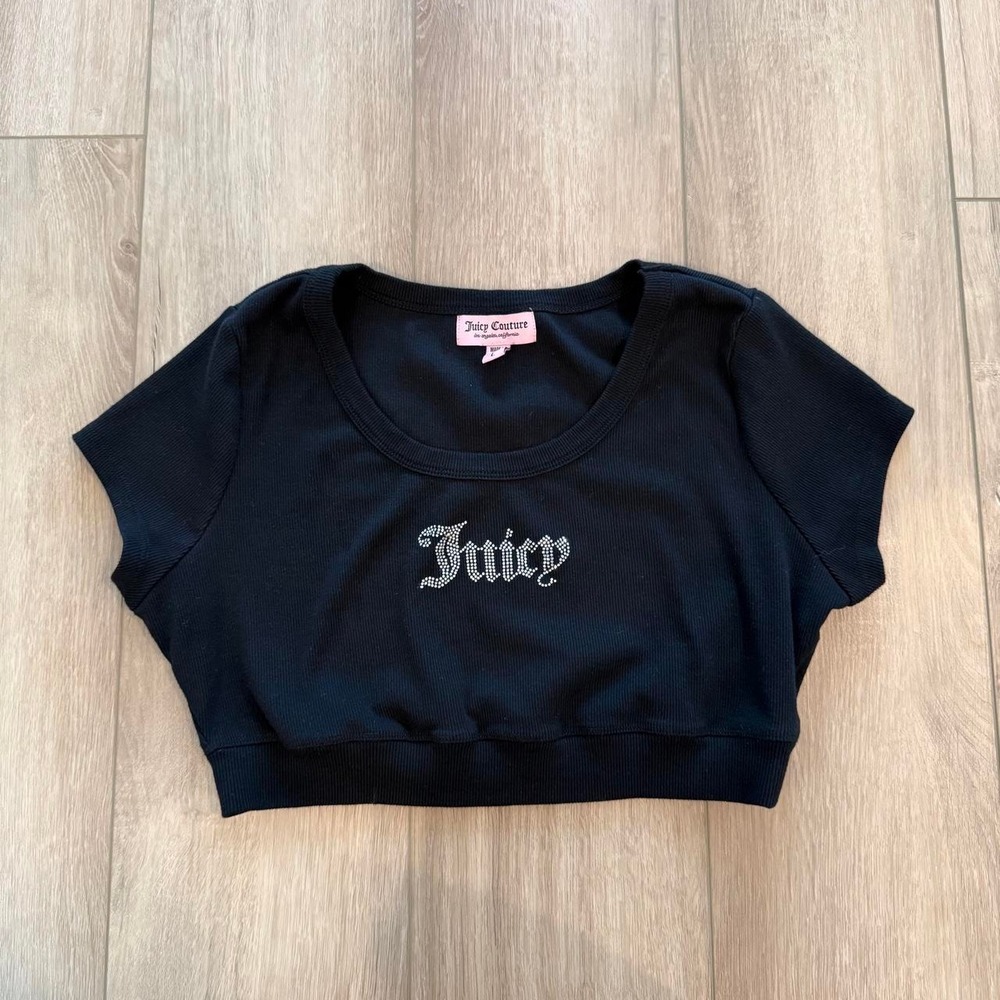 Juicy Couture black ribbed cropped baby tee top with rhinestone logo Size large